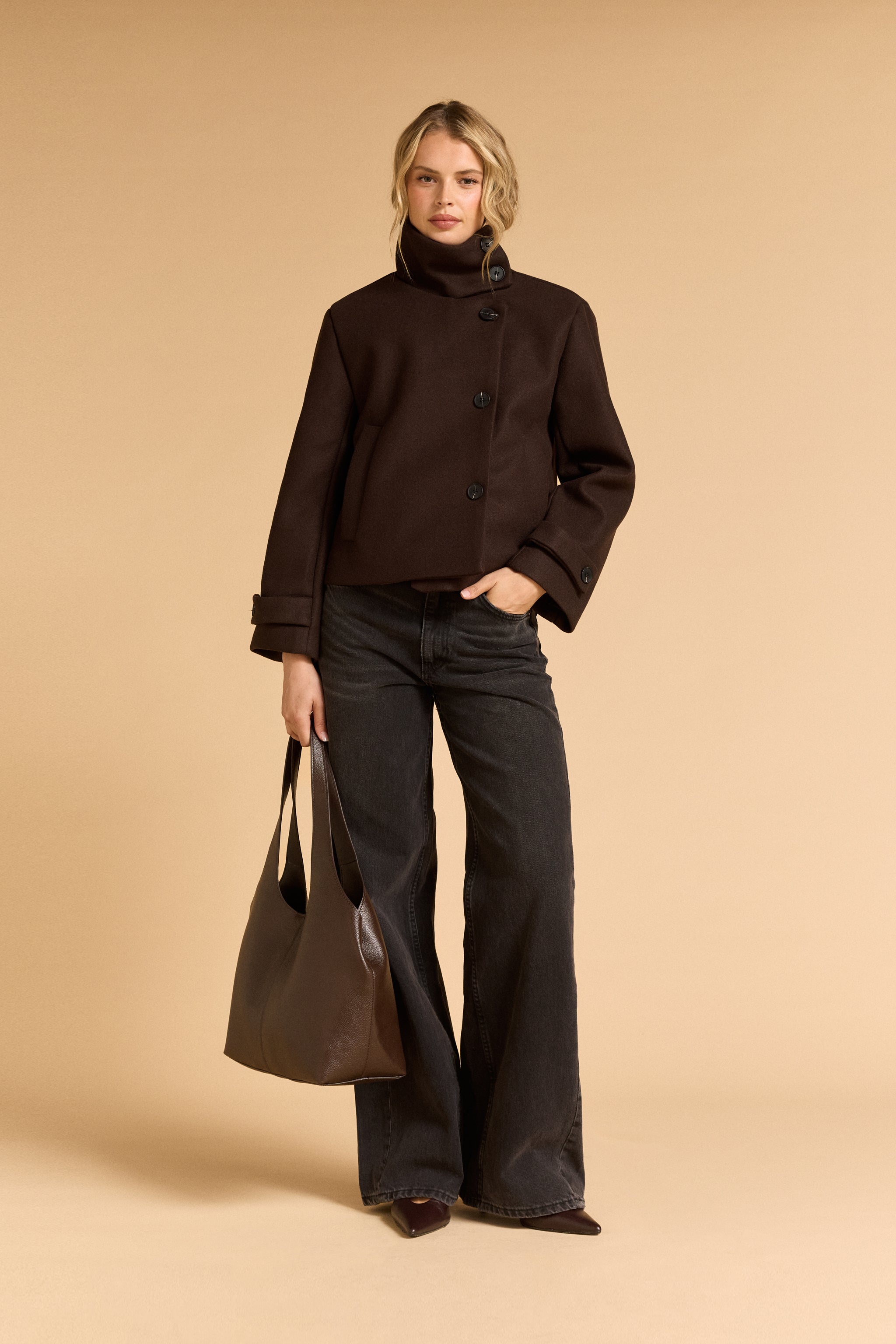 SHORT FUNNEL NECK JACKET - CHOCOLATE – MVN